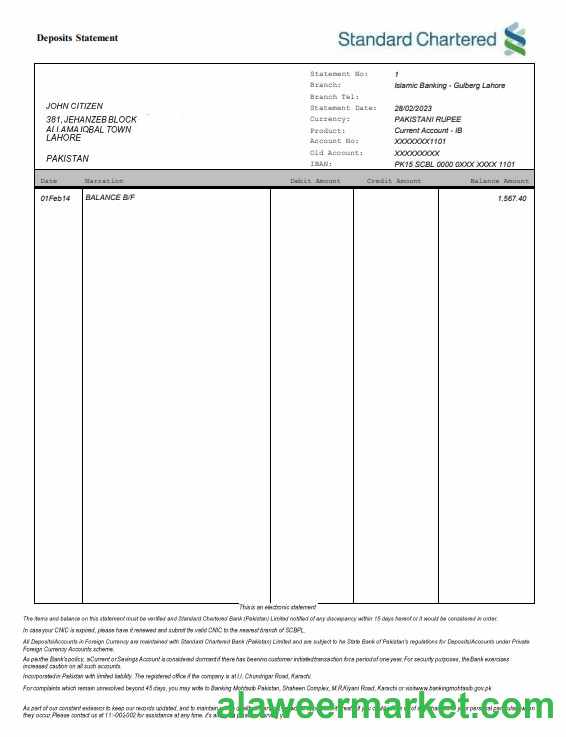 Pakistan Standard Chartered bank statement Word and PDF template